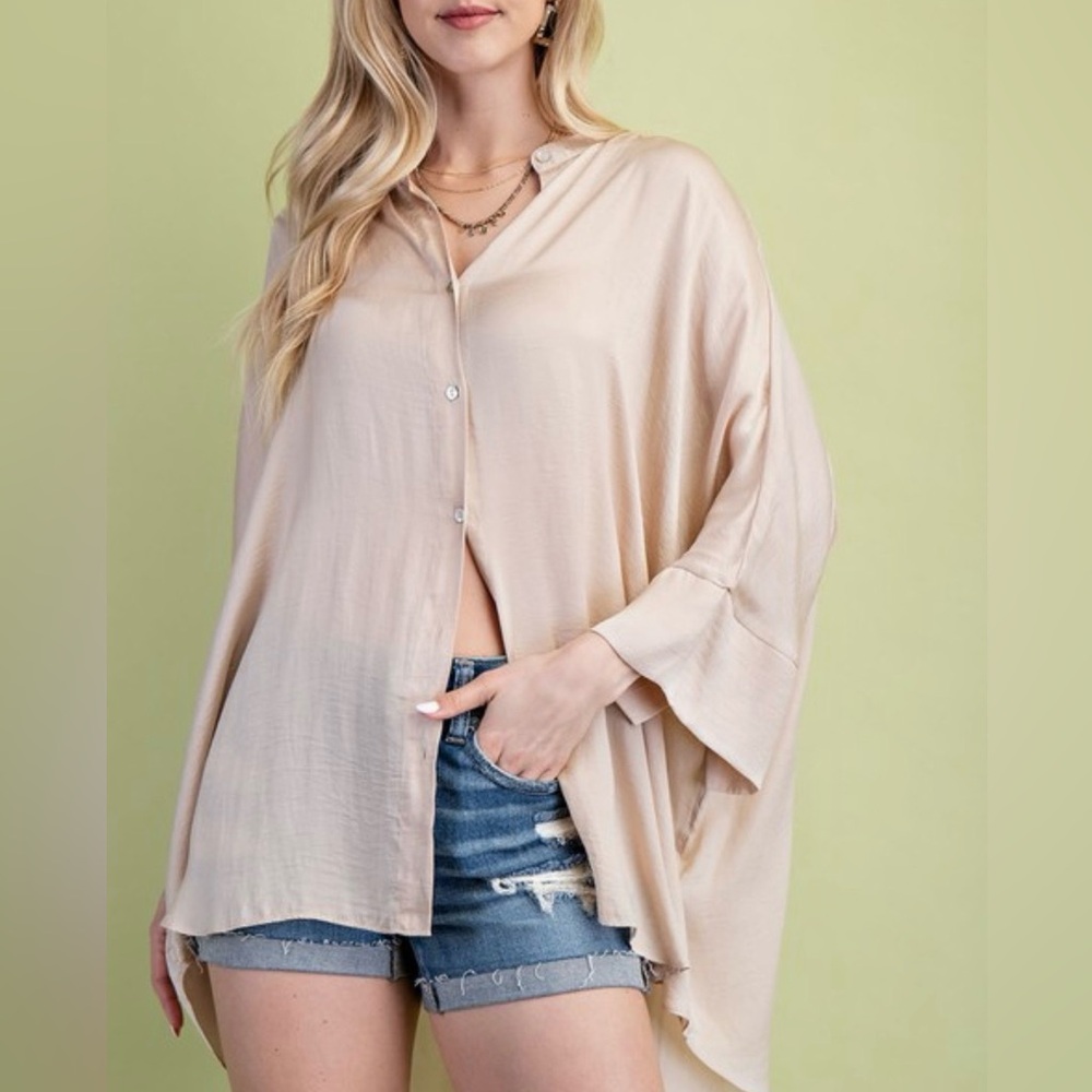Draped Champaign Button-Down Tunic Top